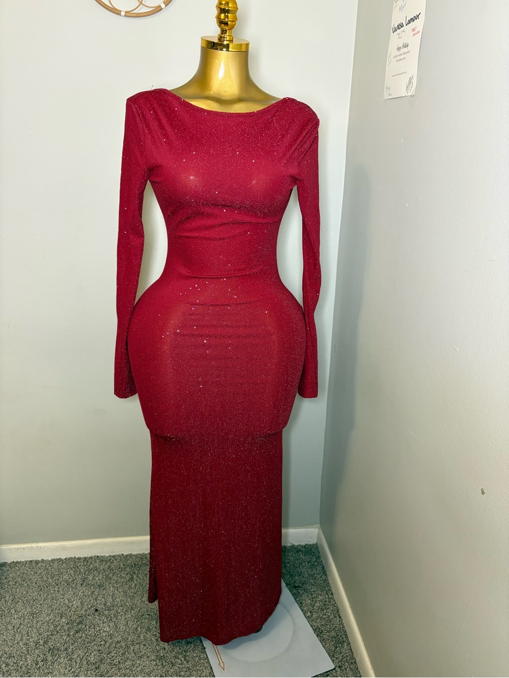 Long Sleeve Red Glitter Evening Dress